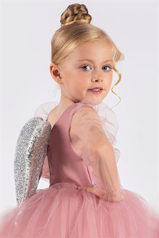 Gülkurusu  Pullu Kanat Detaylı Kız Çocuk Elbise - Angela