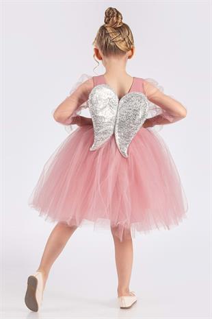 Gülkurusu  Pullu Kanat Detaylı Kız Çocuk Elbise - Angela