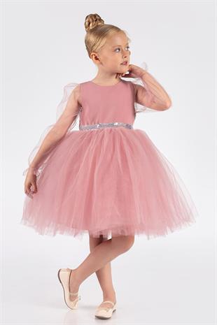 Gülkurusu  Pullu Kanat Detaylı Kız Çocuk Elbise - Angela