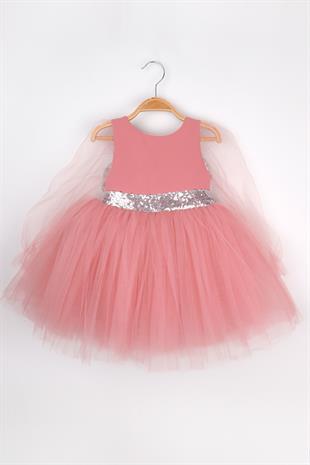 Gülkurusu  Pullu Kanat Detaylı Kız Çocuk Elbise - Angela