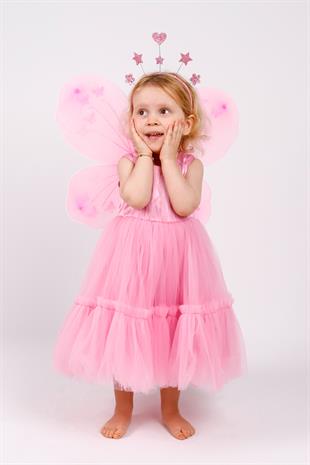 Kelebek Kanat Detaylı Pembe Tül Etekli Kolsuz Kız Çocuk Elbise - Papillo
