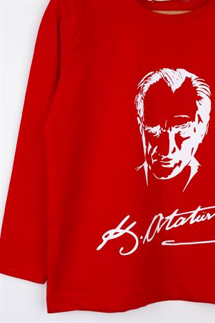 Kırmızı  Atatürk Baskılı Kız Çocuk Tişört