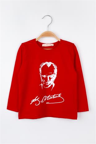 Kırmızı  Atatürk Baskılı Kız Çocuk Tişört
