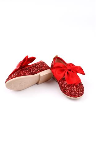Kırmızı Büyük Fiyonklu Simli Kız Çocuk Ayakkabı