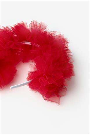 Kırmızı  Tül Ponponlu Kız Çocuk Taç