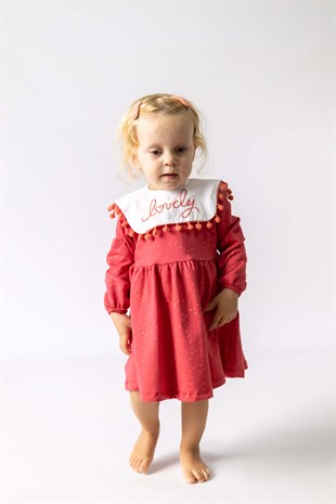Kırmızı Yakalı Puantiyeli Kız Bebk Elbise - Shay
