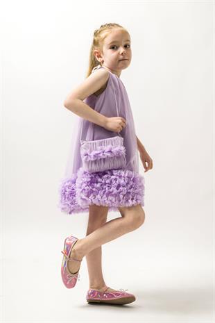 Lila Büzgü Yaka Detaylı Çantalı Kız Çocuk Elbise - Malory