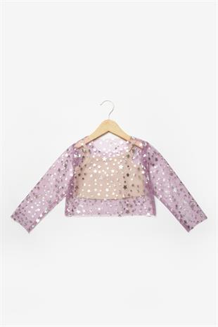 Lila  Uzun Kollu Yıldızlı Kız Çocuk Tül Crop