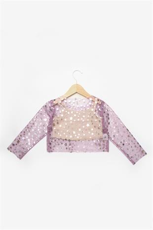 Lila  Uzun Kollu Yıldızlı Kız Çocuk Tül Crop