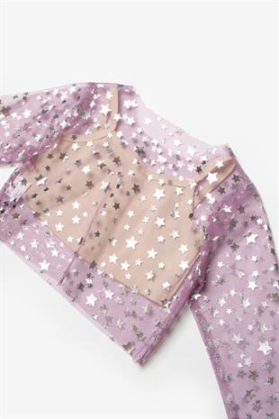 Lila  Uzun Kollu Yıldızlı Kız Çocuk Tül Crop