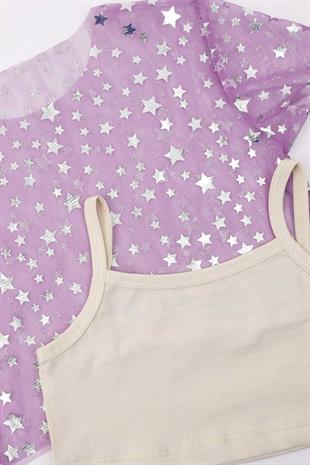 Lila  Yıldız Baskılı Kız Çocuk Tül Crop