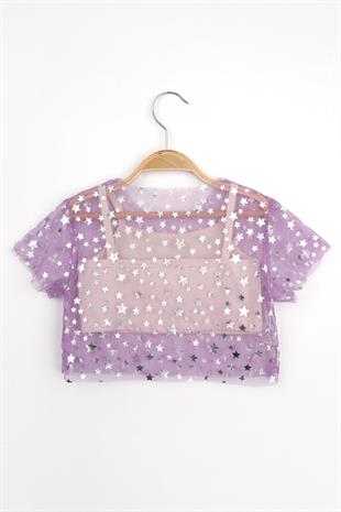 Lila  Yıldız Baskılı Kız Çocuk Tül Crop