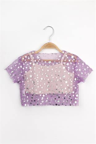 Lila  Yıldız Baskılı Kız Çocuk Tül Crop