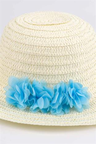 Mavi  Çiçek Detaylı Kız Çocuk Hasır Şapka