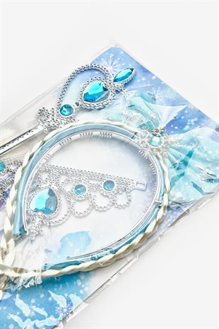 Mavi  Elsa Model Kız Çocuk Asa Taç Set
