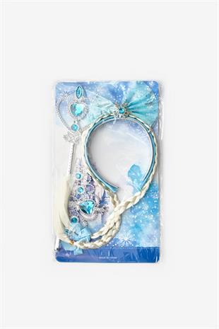 Mavi  Elsa Model Kız Çocuk Asa Taç Set