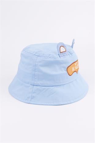 Blue Lets Be Happy Childrens Bucket Hat with Embroidered Ear Detail