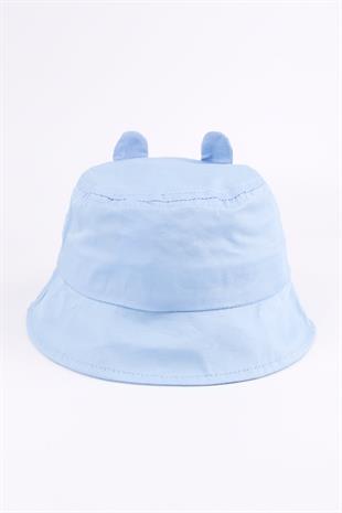 Blue Lets Be Happy Childrens Bucket Hat with Embroidered Ear Detail