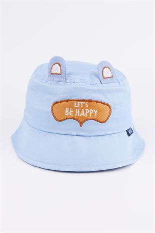 Blue Lets Be Happy Childrens Bucket Hat with Embroidered Ear Detail