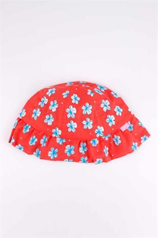 Coral Flower Patterned Frilly Girls Bucket Hat