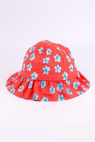 Coral Flower Patterned Frilly Girls Bucket Hat