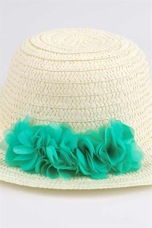 Girls Straw Hat with Mint Flower Detail