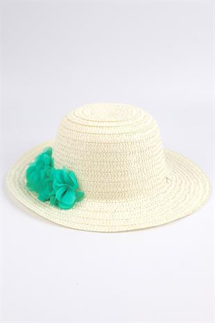 Girls Straw Hat with Mint Flower Detail