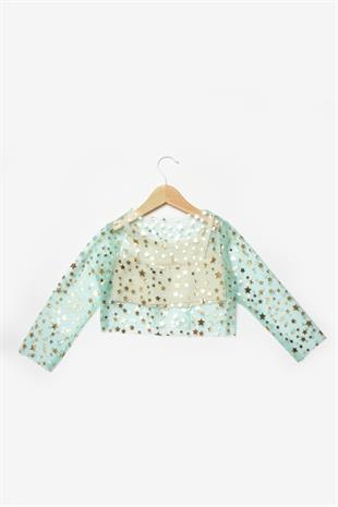 Mint  Uzun Kollu Yıldızlı Kız Çocuk Tül Crop
