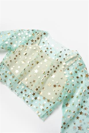 Mint  Uzun Kollu Yıldızlı Kız Çocuk Tül Crop