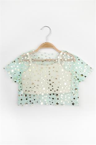 Mint  Yıldız Baskılı Kız Çocuk Tül Crop