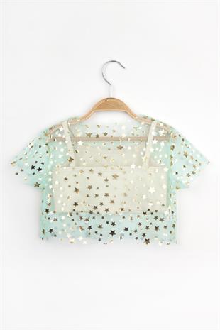 Mint  Yıldız Baskılı Kız Çocuk Tül Crop