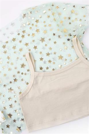 Mint  Yıldız Baskılı Kız Çocuk Tül Crop