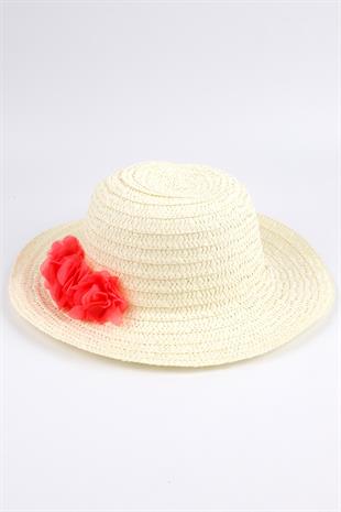 Nar Çiçeği  Çiçek Detaylı Kız Çocuk Hasır Şapka