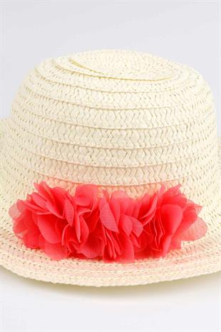 Nar Çiçeği  Çiçek Detaylı Kız Çocuk Hasır Şapka