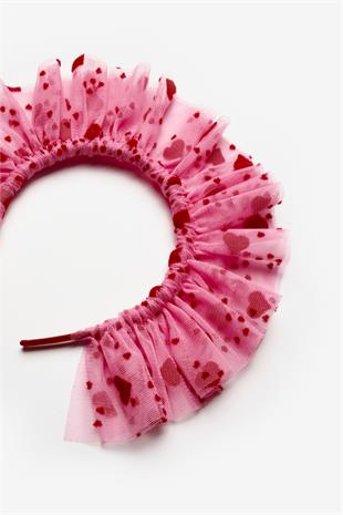 Pembe  Flok Kalp Baskılı Kız Çocuk Tül Taç