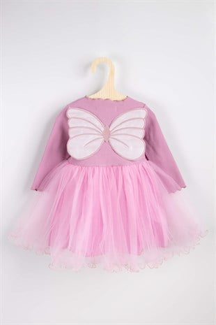 Pembe Kelebek Kanatlı Kız Çocuk Elbise - Butterfly