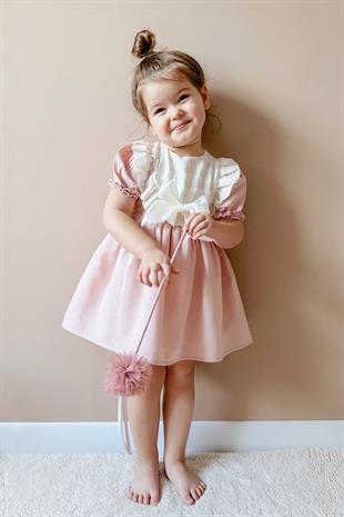 Pembe Kısa Kollu Fisto Detaylı Fiyonklu Kız Çocuk Elbise - Rosa