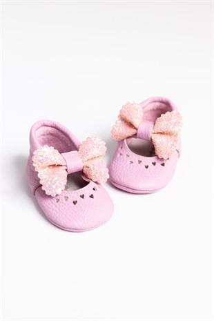 Pembe Pullu Fiyonklu Kız Bebek Ayakkabı