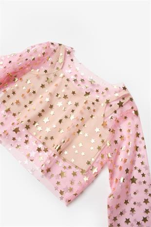 Pembe  Uzun Kollu Yıldızlı Kız Çocuk Tül Crop