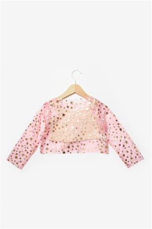 Pembe  Uzun Kollu Yıldızlı Kız Çocuk Tül Crop