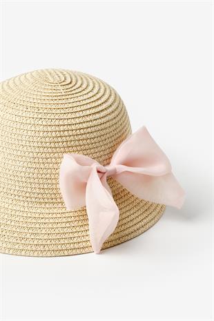Pudra  Fiyonk Detaylı Kız Çocuk Hasır Bucket Şapka