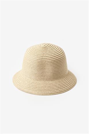 Pudra  Fiyonk Detaylı Kız Çocuk Hasır Bucket Şapka