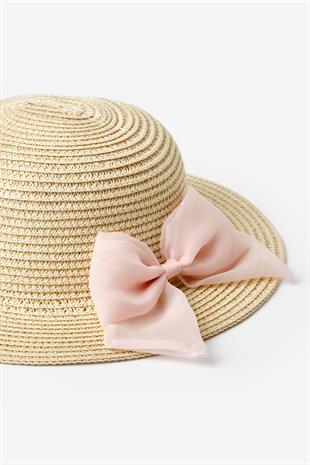 Pudra  Fiyonklu Kız Çocuk Hasır Şapka