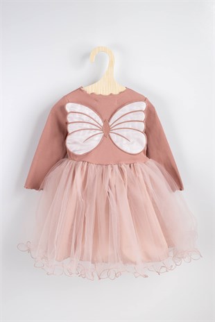 Pudra Kelebek Kanatlı Kız Çocuk Elbise - Butterfly