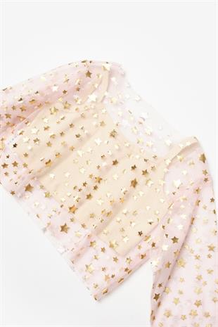 Pudra  Uzun Kollu Yıldızlı Kız Çocuk Tül Crop