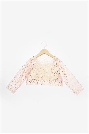 Pudra  Uzun Kollu Yıldızlı Kız Çocuk Tül Crop