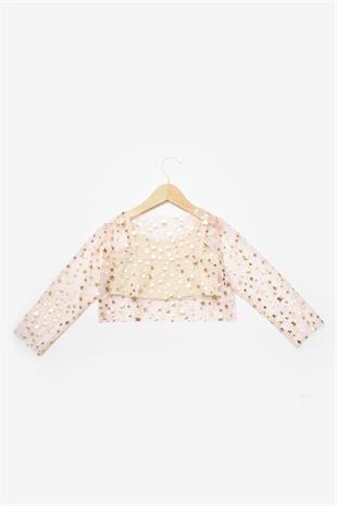 Pudra  Uzun Kollu Yıldızlı Kız Çocuk Tül Crop