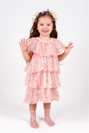 Pudra Yıldız Baskılı Katlı Tül Kız Çocuk Elbise - Estela
