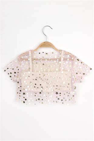 Pudra  Yıldız Baskılı Kız Çocuk Tül Crop