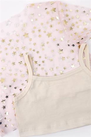Pudra  Yıldız Baskılı Kız Çocuk Tül Crop